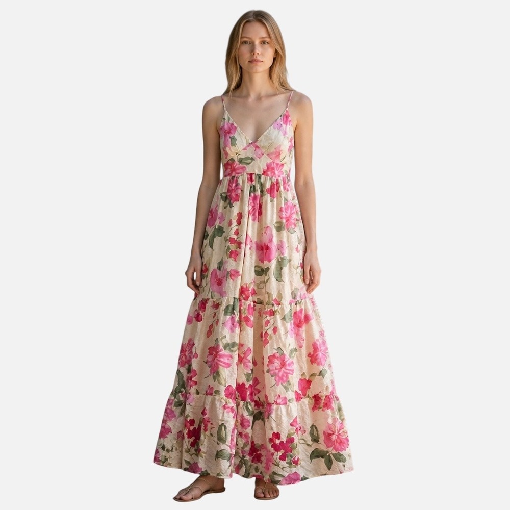 Robert & Bear Floral Tiered Maxi Dress Pink Ivory Lined Adjustable Straps Size M